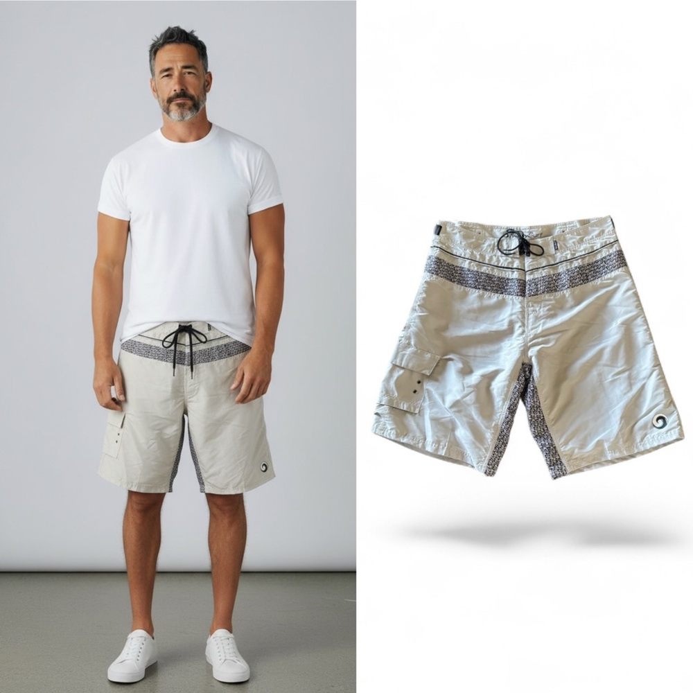 Misty Mountain beige & black athleisure vacation swimming board swim trunks XL